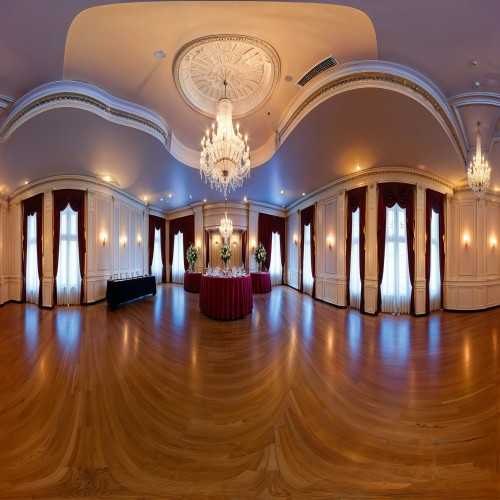 Elegant Ballroom for Events: A grand hotel ballroom with crystal chandeliers, polished hardwood floors, and round tables elegantly arranged for a formal event. The room has ornate wall moldings, floral centerpieces, and a stage area, ideal for weddings, galas, or corporate functions.