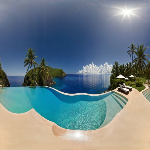 Resort Infinity Pool Overlooking the Ocean: A breathtaking infinity pool at a tropical resort, blending seamlessly with the horizon. Sun loungers and palm trees surround the pool, with the turquoise ocean and blue sky providing a picturesque backdrop.