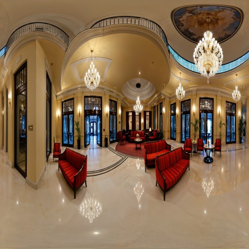 Luxury Hotel Lobby: A grand hotel lobby with a high ceiling, marble floors, and an elegant chandelier hanging above. Plush seating areas with stylish sofas and armchairs are arranged around glass coffee tables, creating a welcoming ambiance for guests.