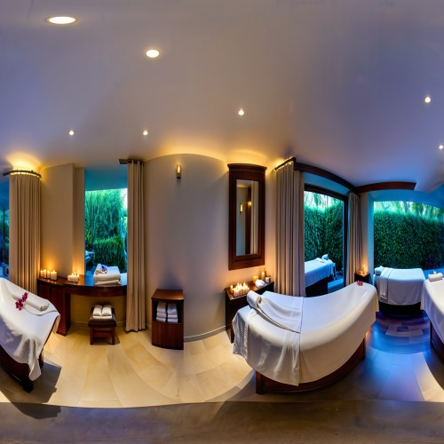 Elegant Hotel Spa Room: A serene spa treatment room with dim lighting, fresh towels, and a massage bed draped with soft linens. The room has a calming ambiance, with candles, essential oils, and a view of a private garden through a large window.