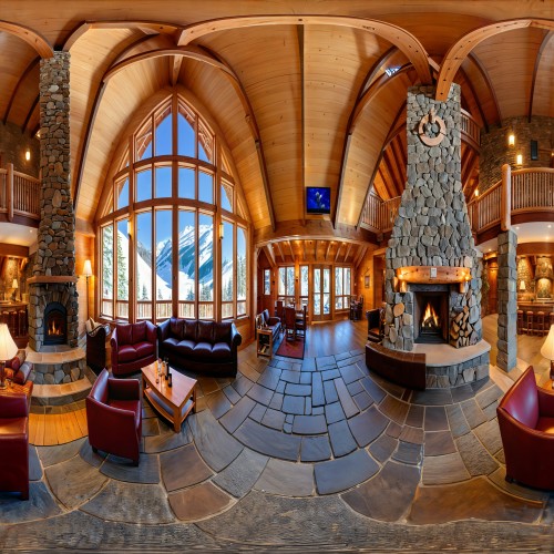 Mountain Lodge Lobby with Stone Fireplace: A warm, rustic hotel lobby in a mountain lodge with a massive stone fireplace as the centerpiece. The lobby is furnished with leather sofas, wooden beams, and cozy rugs, creating a relaxing retreat for guests after a day of hiking or skiing.