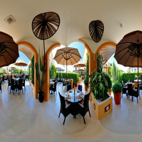 Contemporary Hotel Restaurant with Outdoor Seating: A stylish hotel restaurant with both indoor and outdoor seating options. The outdoor area has wicker chairs and round tables under large umbrellas, surrounded by potted plants and overlooking a well-maintained garden.