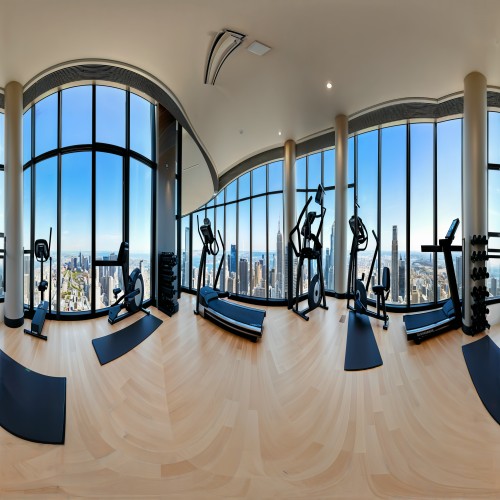 Modern Fitness Center with City View: A state-of-the-art hotel gym equipped with cardio machines, free weights, and a stretching area. Floor-to-ceiling windows offer a sweeping view of the cityscape, providing guests with a motivating setting for their workout.