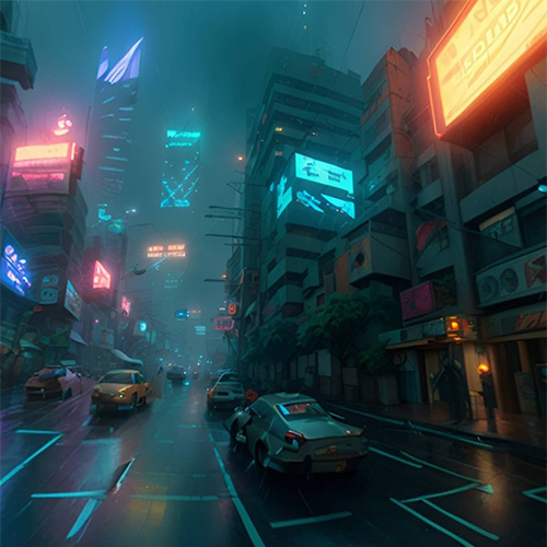 A Cyberpunk City Street At Night Tnuc1xhu