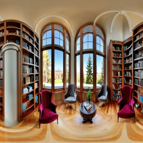 A chic home library with custom-built floor-to-ceiling wooden bookshelves, a cozy velvet armchair, and large windows bringing in natural light.