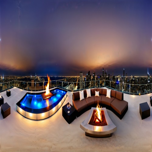 A penthouse rooftop lounge with a sleek fire pit, modern outdoor furniture, and glass railings offering a clear view of a bustling city at night.