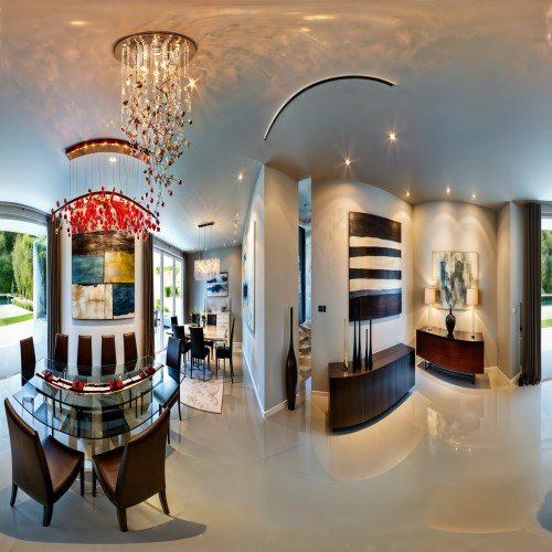 A stunning dining room featuring a long glass dining table with designer chairs, a statement chandelier hanging above, and a minimalist abstract painting on the wall.