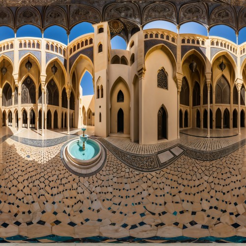 Traditional Arabic Courtyard with Mosaic Tiles: An open-air courtyard surrounded by arches, with intricately patterned mosaic tiles covering the floor and walls. The architecture includes decorative lattice windows and fountains, creating an elegant, serene atmosphere typical of traditional Arabic design.