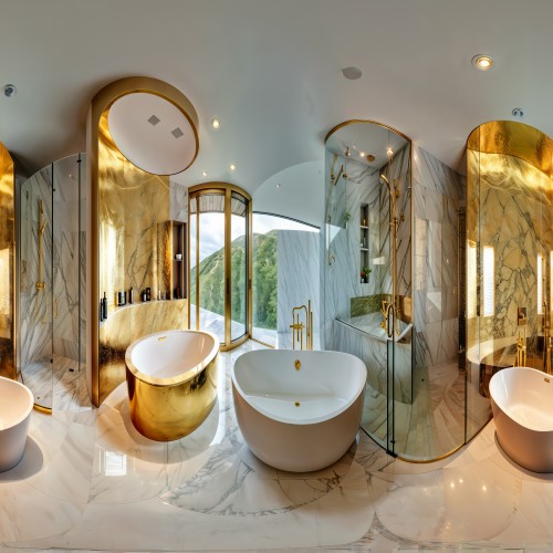 A modern bathroom with a freestanding oval soaking tub, floor-to-ceiling marble tiles, and a large glass-enclosed rain shower accented with gold fixtures.