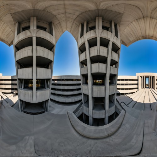 Brutalist Concrete Building: A striking example of Brutalist architecture, featuring a massive concrete structure with blocky, geometric shapes. The building’s bold, rough-textured surfaces give it an imposing and industrial feel, emphasizing function over form.