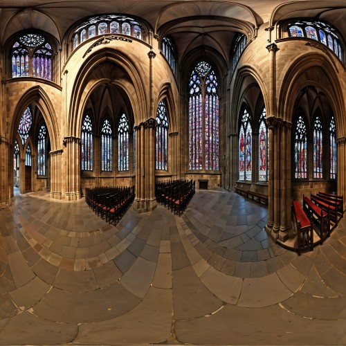 Gothic Cathedral with Stained Glass Windows: A towering Gothic cathedral with intricate stone carvings and massive stained glass windows. The architecture features pointed arches, flying buttresses, and gargoyles, giving it a majestic, historical appearance.