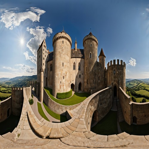 Medieval Castle with Stone Walls: A fortified medieval castle with thick stone walls, towering turrets, and arched windows. The castle sits atop a hill with a dramatic view of the countryside, evoking a sense of history and nobility.