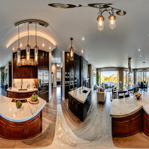 A luxurious open-concept kitchen with a large waterfall marble island, high-end stainless steel appliances, and minimalist pendant lighting hanging over the counter.