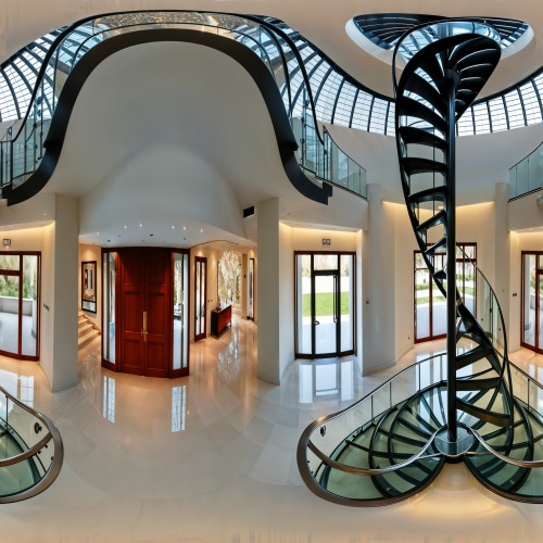 A grand spiral staircase made of glass and polished steel, set against a backdrop of a double-height entrance hall with minimalist decor.