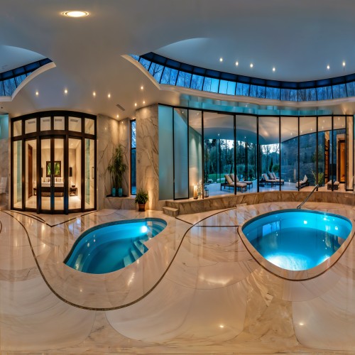 An indoor swimming pool in a luxury home, surrounded by marble floors, ambient lighting, and tall glass walls opening out to a private courtyard.