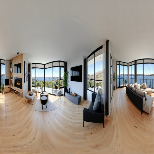 A modern apartment living area with a Scandinavian-inspired aesthetic, featuring light wood floors, a neutral-toned sofa, and black-framed floor-to-ceiling windows.