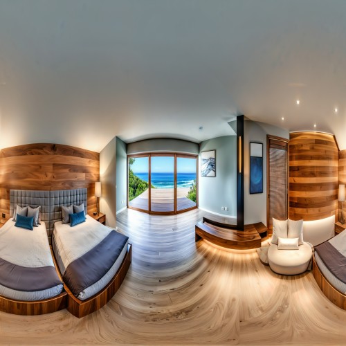 A contemporary bedroom with a low-profile platform bed, natural wood paneling behind the headboard, and a floor lamp with a sculptural design.