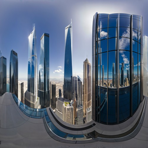 Modern Skyscraper with Glass Facade: A sleek, ultra-modern skyscraper with a fully glass facade reflecting the cityscape around it. The building&#039;s design features sharp angles and a slim silhouette, standing tall against the blue sky with neighboring skyscrapers.