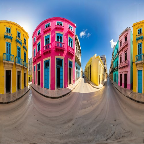 Colorful Colonial-Style Buildings in Havana, Cuba: A row of vibrant colonial-style buildings in Havana, each painted in a different bright color, from pastel pinks to bold yellows and blues. The buildings have large windows, decorative balconies, and are shaded by palm trees.