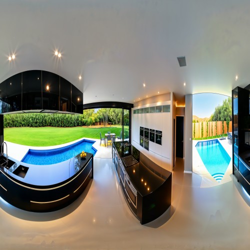 An ultra-modern kitchen with glossy black cabinetry, under-cabinet LED lighting, and an open dining area with a view of the pool through sliding glass doors.