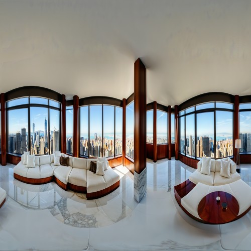 A spacious modern living room with floor-to-ceiling windows overlooking a city skyline, featuring a sleek white sectional sofa, a marble coffee table, and warm wood-paneled walls.