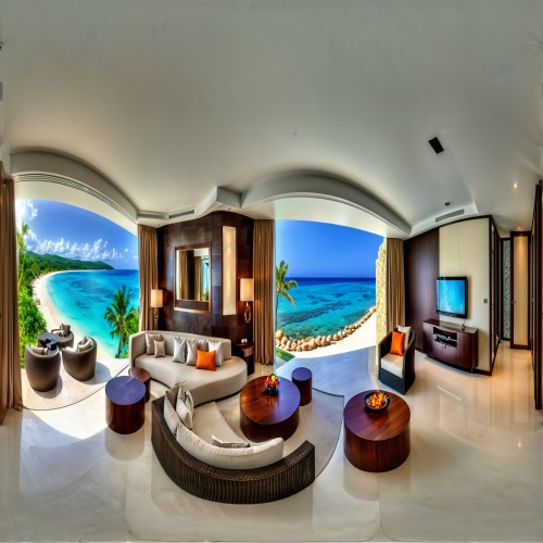 A luxurious hotel suite living room with modern furniture, a textured feature wall, ambient lighting, and a private terrace overlooking a tropical beach.