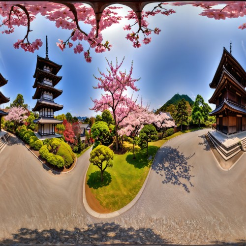 Traditional Japanese Pagoda: A multi-tiered pagoda with intricate wooden details and sloping roofs, surrounded by lush gardens and cherry blossom trees. The traditional architecture, with its elegant curved rooflines, stands harmoniously within a natural landscape.