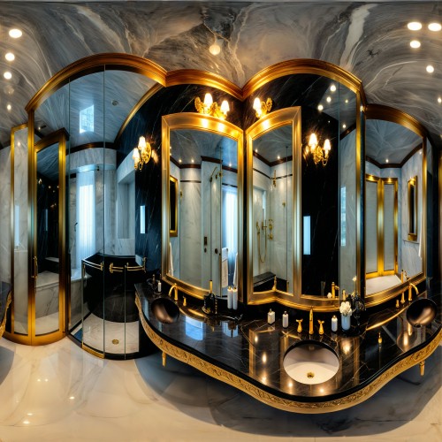 An opulent bathroom with a double vanity made of black marble, gold-framed mirrors, and a walk-in shower surrounded by textured glass walls.