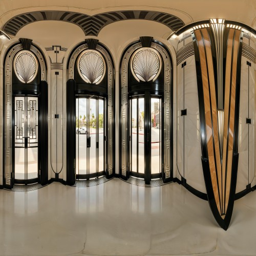 Art Deco Building with Geometric Details: A classic Art Deco building with symmetrical lines, geometric patterns, and a distinct stepped facade. The building features a combination of sleek metal, polished stone, and bold decorative elements that exude 1920s glamour.