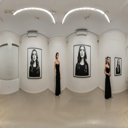 Photography Exhibition with Black and White Portraits: A gallery space showcasing black-and-white portraits of various individuals from different backgrounds. The portraits are displayed in large frames on the walls, and the room has a minimalist design that highlights the emotional expressions captured in each photograph.