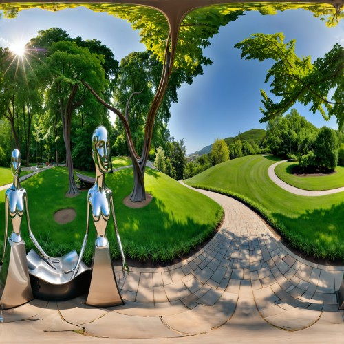 Sculpture Garden with Outdoor Installations: A serene outdoor sculpture garden featuring various contemporary sculptures made from metal, stone, and glass. The sculptures are set against a lush green landscape with winding paths and benches for visitors to relax and appreciate the art.