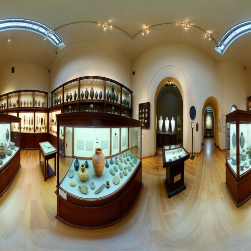 Historic Museum with Ancient Artifacts: A museum hall with dim lighting and glass display cases housing ancient artifacts, such as pottery, jewelry, and sculptures. The exhibits are carefully labeled, and the room has a quiet, reverent atmosphere.