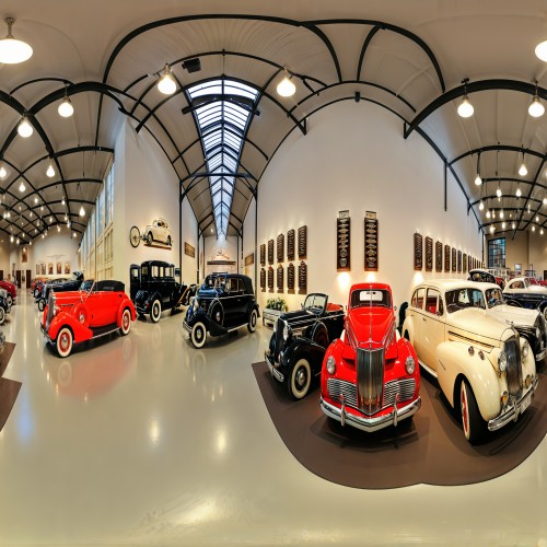 Vintage Car Museum with Classic Automobiles: A spacious exhibition hall filled with vintage cars from various decades, each in pristine condition. The polished cars are arranged in rows, with informational plaques detailing their history, while soft lighting enhances their shiny exteriors.