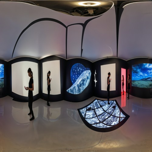 Interactive Digital Art Exhibition: A darkened room filled with interactive digital installations. Walls and floors are covered in projections that respond to touch and movement, creating an immersive and futuristic experience as visitors engage with the art.