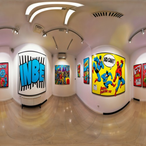 Pop Art Exhibit with Bright Colors and Bold Prints: A vibrant pop art exhibition featuring large, colorful prints inspired by comic book style and advertisements. The gallery walls are decorated with neon colors, and the artworks showcase iconic imagery, creating a playful and energetic environment.