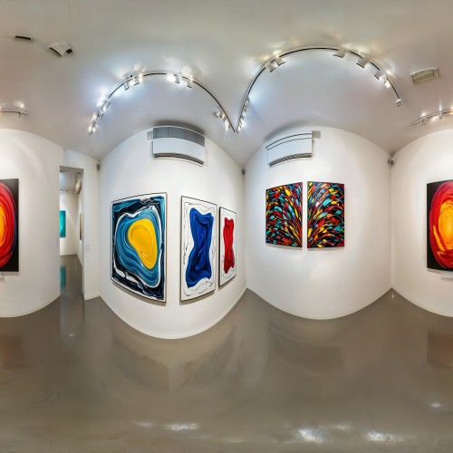 Contemporary Art Gallery with Abstract Paintings: A bright, spacious gallery with white walls displaying large abstract paintings. Each artwork uses bold colors and sweeping brushstrokes, creating a dynamic and modern atmosphere in the exhibition space.