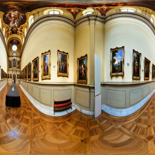 Historical Art Gallery with Renaissance Paintings: A grand gallery with ornate moldings and high ceilings, showcasing Renaissance-era paintings in gilded frames. The room has a classic, timeless feel, with each painting depicting detailed scenes from history and mythology, inviting visitors to admire the artistry and craftsmanship.