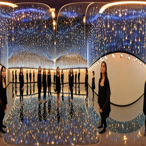 Art Installation with Hanging Lights and Mirrors: An immersive art installation featuring hundreds of small lights hanging from the ceiling and mirrored walls that reflect the lights endlessly. The room has a magical, otherworldly atmosphere, as visitors feel like they are walking through a sea of stars.