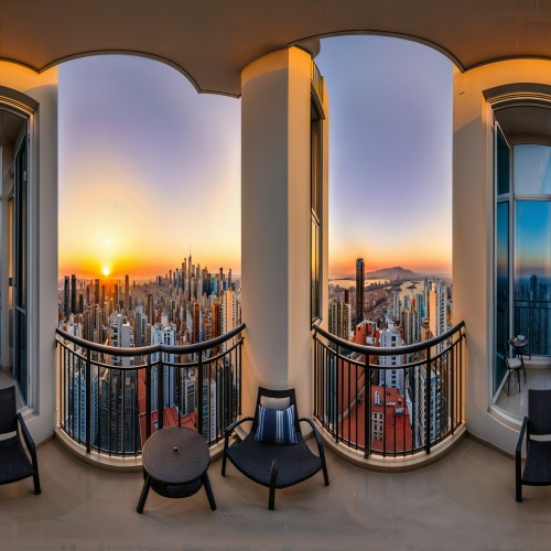 Urban Apartment Balcony View: A high-rise apartment balcony offering a panoramic view of a bustling city skyline at sunset. The balcony features a small table and two chairs, perfect for enjoying the vibrant cityscape and warm evening light.