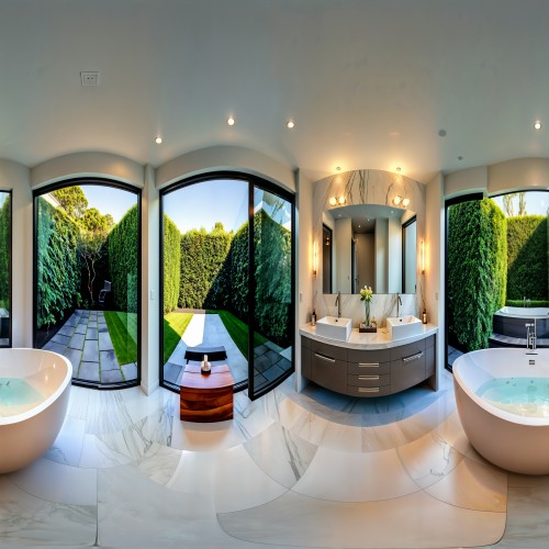 Modern Bathroom with Freestanding Tub: A spa-like bathroom with a freestanding bathtub positioned near a large window that overlooks a private garden. The bathroom features marble tile, sleek fixtures, and a double vanity, creating a luxurious and relaxing atmosphere.