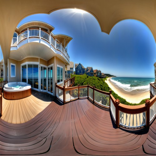 Scenic Oceanfront Property: A luxurious beachfront property with an expansive wooden deck overlooking the ocean. The deck includes lounge chairs, a hot tub, and glass railing, allowing for uninterrupted views of the blue waves and sandy shoreline.