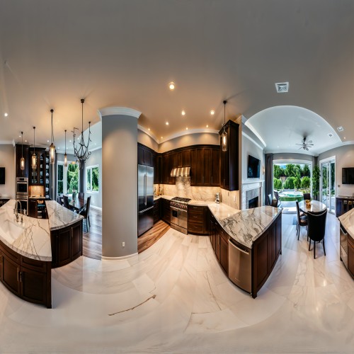 Elegant Kitchen with Island: A high-end kitchen featuring a large central island with marble countertops, stainless steel appliances, and custom cabinetry. The kitchen is decorated in a minimalist style with a neutral color palette, giving it a clean and sophisticated look.