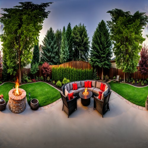 Cozy Suburban Backyard Patio: A cozy backyard with a well-maintained lawn, surrounded by lush greenery. The patio area includes a comfortable seating arrangement with outdoor furniture, a small fire pit, and string lights hanging above, perfect for evening gatherings and relaxation.