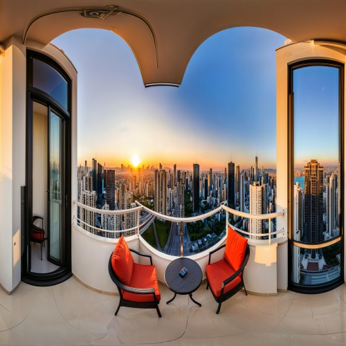 Urban Apartment Balcony View: A high-rise apartment balcony offering a panoramic view of a bustling city skyline at sunset. The balcony features a small table and two chairs, perfect for enjoying the vibrant cityscape and warm evening light.