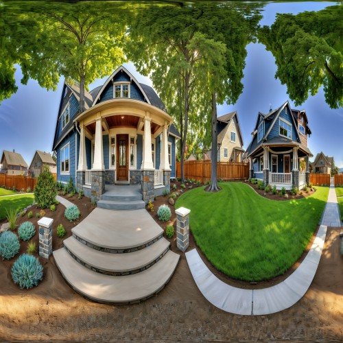 Charming Craftsman-Style Home Exterior: The front view of a classic Craftsman-style home with a covered front porch, wooden pillars, and stone accents. The house is painted a soft blue, with white trim and a beautifully landscaped front yard, exuding curb appeal and timeless charm.