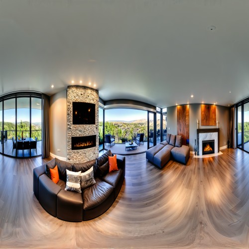 Luxurious Modern Living Room: A spacious, open-concept living room with floor-to-ceiling windows that allow natural light to flood in, highlighting the sleek furniture and tasteful decor. The room features a modern fireplace, hardwood floors, and a large gray sectional sofa, creating a warm and inviting atmosphere.