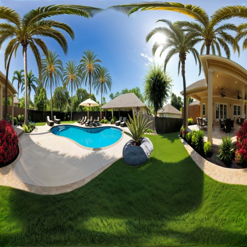 Spacious Backyard with Pool and Lounge Area: A beautiful backyard featuring a large swimming pool, surrounded by a patio area with comfortable lounge chairs, an outdoor dining set, and a well-kept lawn. Palm trees and flowering plants add a tropical feel to the outdoor space, ideal for entertaining and relaxation.