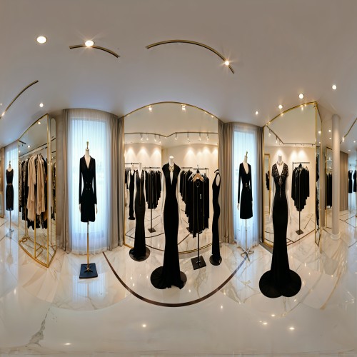 Fashion Boutique Showroom with Designer Clothing: A chic showroom displaying designer clothing on mannequins and clothing racks. The space has an elegant aesthetic, with marble flooring, large mirrors, and soft lighting that enhances the colors and textures of the garments.