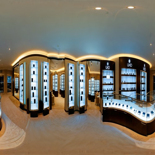 Luxury Watch Showroom with Display Cases: A high-end watch showroom featuring glass display cases with luxury timepieces. Each watch is carefully displayed on velvet stands under soft lighting, and the room has a refined atmosphere, with minimalist decor and plush seating for customers.