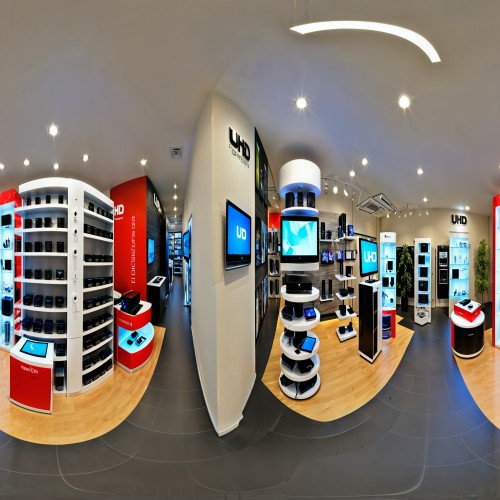 Electronics Showroom with Gadgets and Appliances: A bright electronics showroom filled with the latest gadgets and home appliances. There are demo stations for items like smartphones, laptops, and TVs, allowing customers to try out products. Sleek shelves and digital displays provide information on each device.